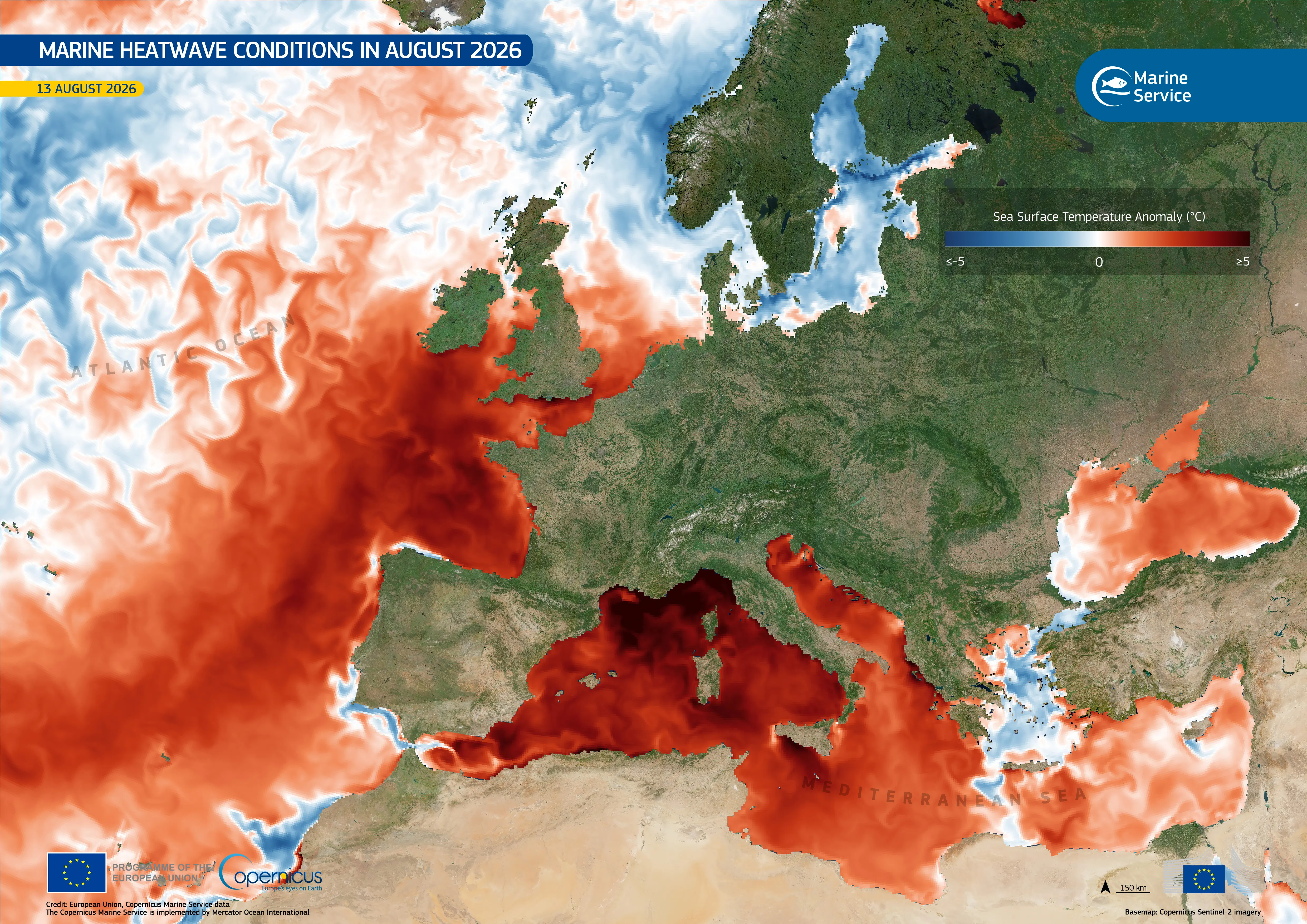 Anomalies de température de surface de la Méditerranée, 13 août 2026 — © Union européenne, données Copernicus Marine Service.
